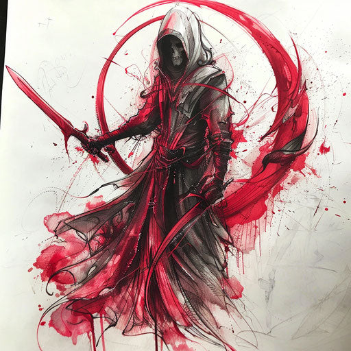 Monochromatic red tattoo sketch of a reaper death seal