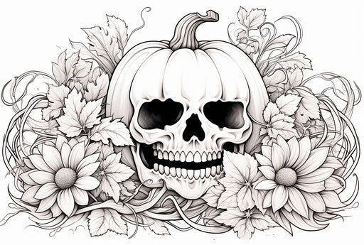 Halloween pumpkin coloring page, leaves and flowers, nightmarish style