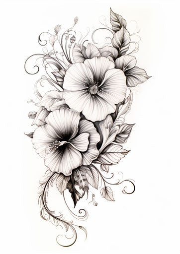Black flower tattoo design with detailed feather style