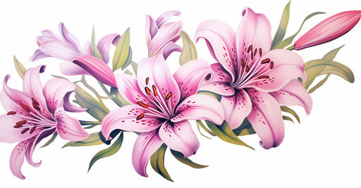 Drawing of lilies, light magenta and green style