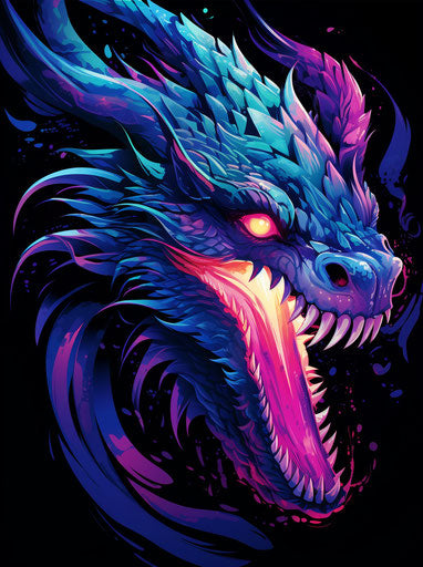 Dragon in blue and pink, meticulous line work, fluorescent colors