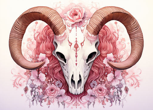 Red haired ram skull with horns and flowers, light pink and light magenta style