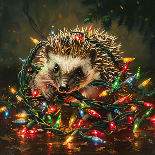 A festive hedgehog tangled in a tangle of Christmas lights