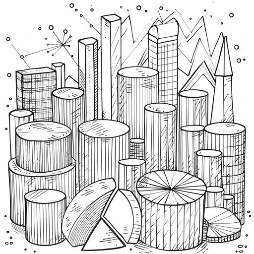 Fun coloring page of pie charts and bar graphs