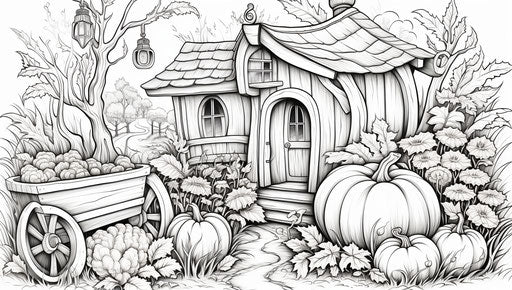 Halloween witch coloring page with pumpkins in romantic landscape style