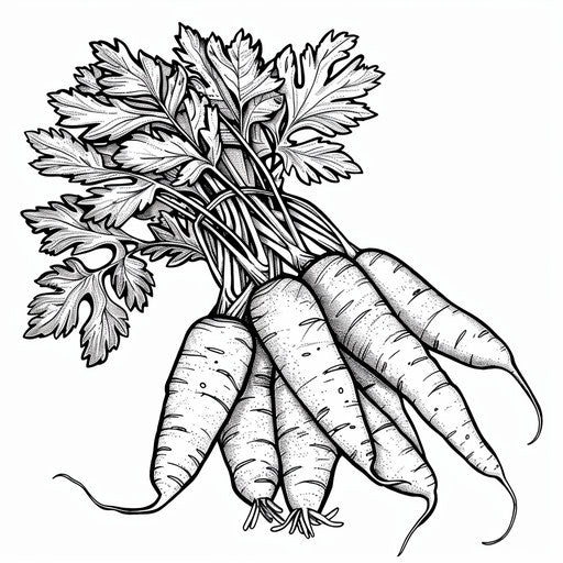 A bunch of fresh carrots with leafy tops. Coloring book page