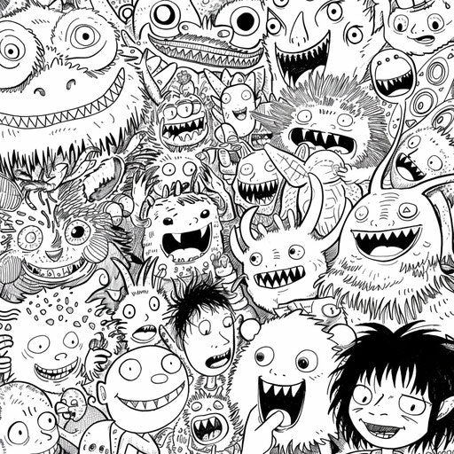 Friendly monsters having fun in the style of a Mamoru Hosoda coloring book page
