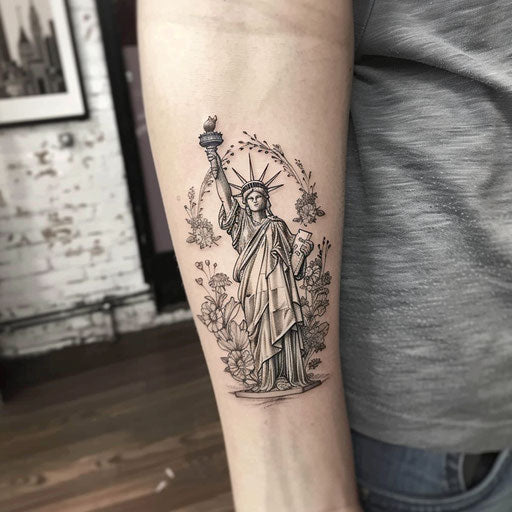 Delicate tattoo sketch of the Statue of Liberty surrounded by fine floral embellishments
