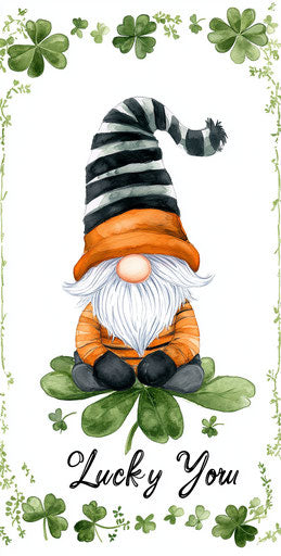 Lucky Gnome on clover with oversized hat, striped top hat