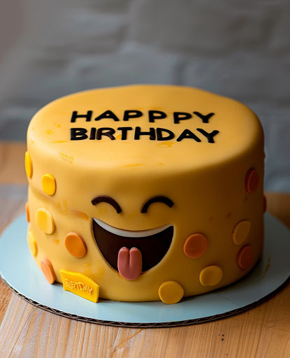 Yellow cake with winking emoji and tongue out, HAPPY BIRTHDAY