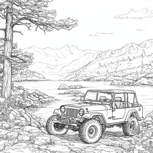 Jeep by a serene lake, Gennady Spirin style, coloring page