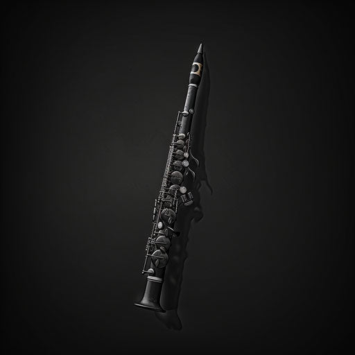 Clarinet clipart in realistic style on dark charcoal background, emphasizing dramatic contrast and intricate detail
