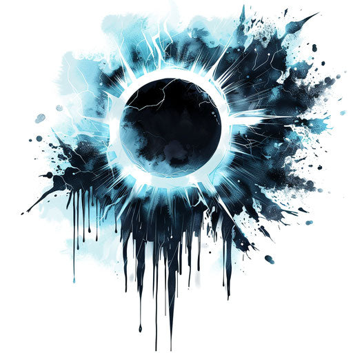 Dynamic tattoo sketch of a total solar eclipse with corona effect, in deep blues and whites, clipart style