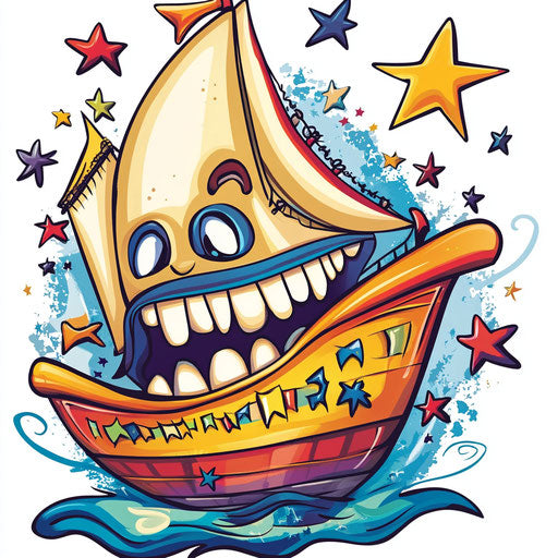 Humorous caricature of a sailboat with human characteristics
