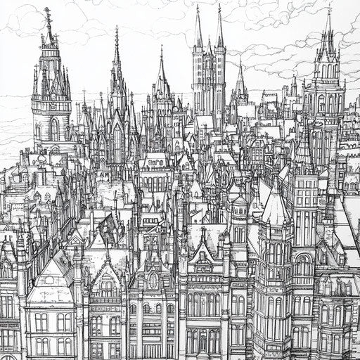 Gothic cityscape with detailed buildings