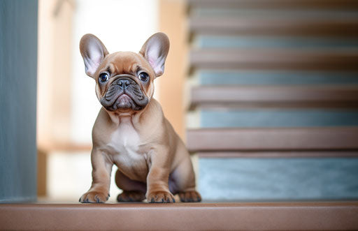 French bulldog in front of stairs