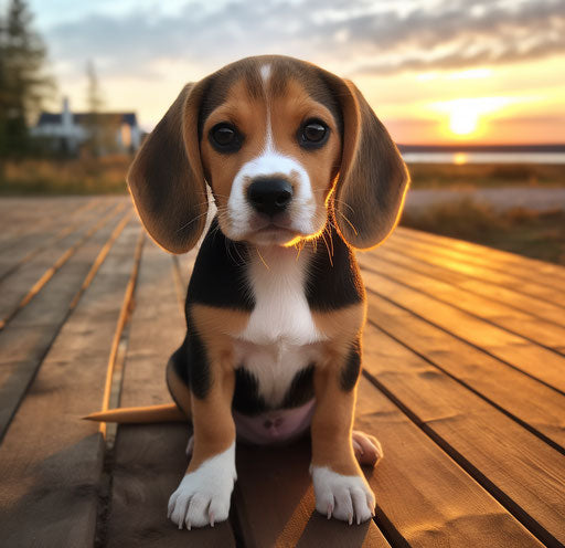 Adorable beagle puppy sitting on wooden deck