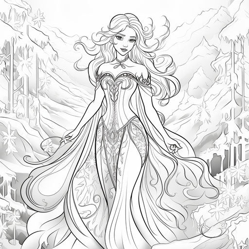 Elsa Frozen Christmas coloring page, captivating, flowing silhouette, accurate and detailed, lively and energetic