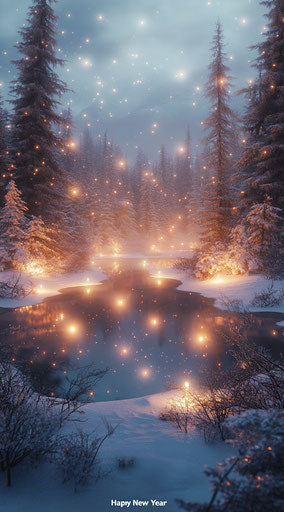 Snowy landscape with glowing lights and serene pond