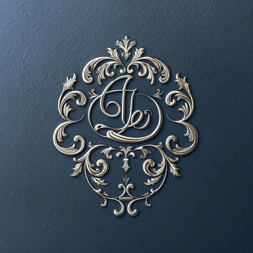 Logos with monogram and delicate filigree, silver accents on dark blue background