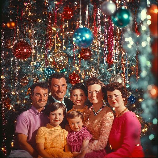 1960s family Christmas portrait in front of tinsel-covered tree