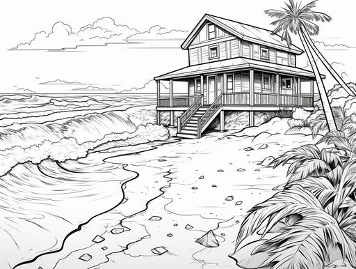 Minimalist graphic illustration of playful machines in black and white, on the beach