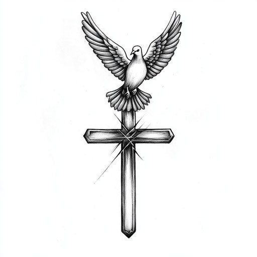 Religious male tattoo with dove and cross in black ink