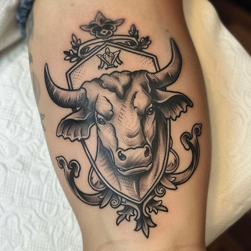 Medieval heraldry-inspired bull tattoo with armor and crests