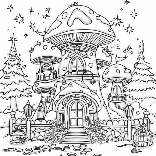 Fantastical mushroom house with whimsical designs and fairy lights