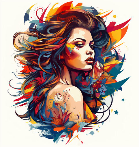 Illustration of girl tattooed, bold and colorful style, sculpted, vintage Americana, hinchel or, wavy, poignant 15:16