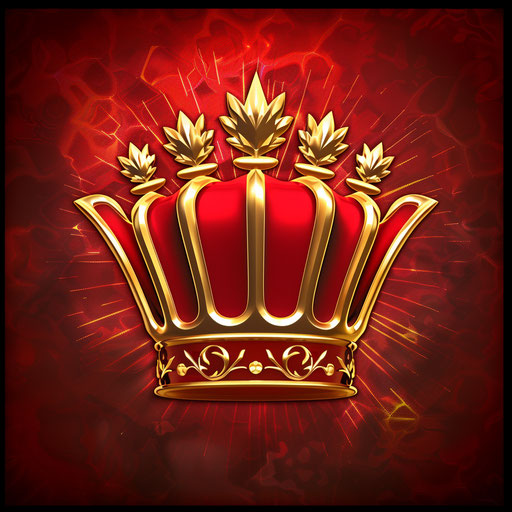Crown logo in red and gold with regal background