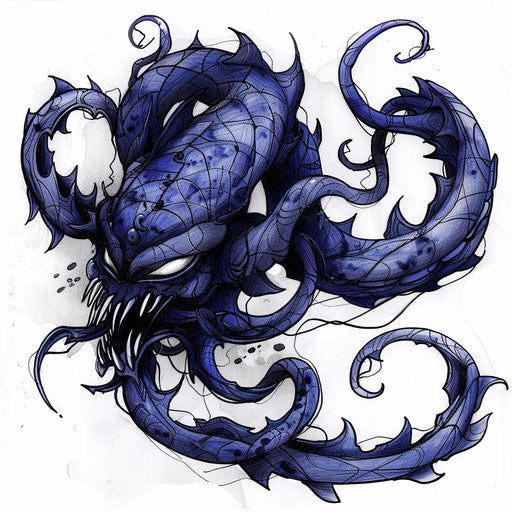 Eerie clipart style flat sketch for a dark arts tattoo incorporating midnight blue shades