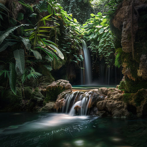Waterfall with exotic plants and rich green hues