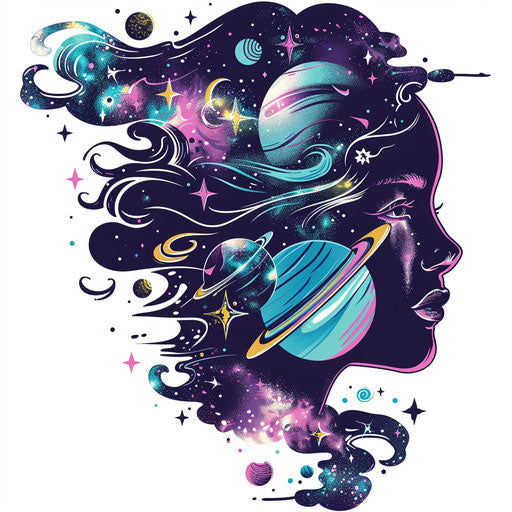 Feminine tattoo design with cosmic elements and metallic colors