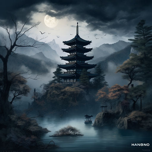 Pagoda and trees in Japanese inspired landscape