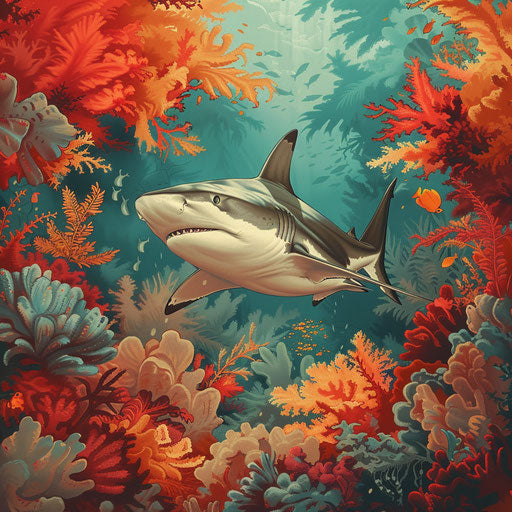 Bull shark swimming in a vibrant coral reef