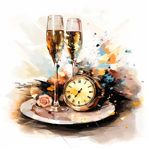 New Years Eve clipart in the style of Impressionistic Art, on a white background