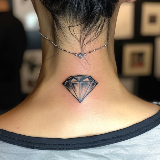 Simple tattoo of a diamond, Ed Hardy style, on the neck