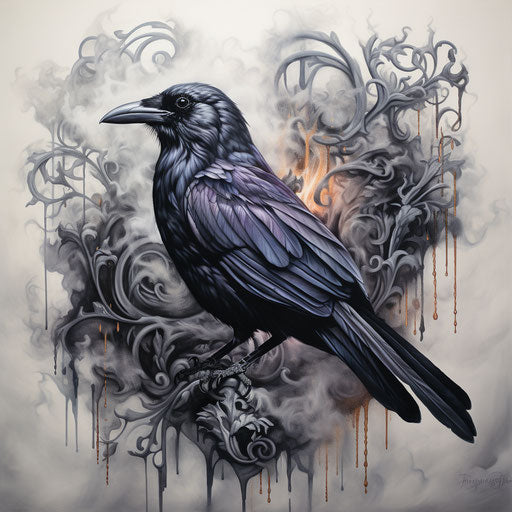 Crow in black smoke on canvas, realistic tattoo style, gray and black