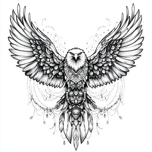 Stylized flying eagle chest tattoo on white background