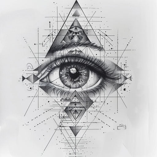 Mystical geometric tattoo design of an eye surrounded by geometric motifs, expressing vision on a white background.