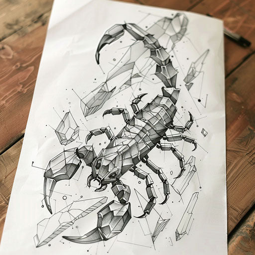 Geometric scorpion tattoo design on white paper