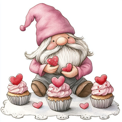 Valentine's Day Gnome baking cupcakes with heart decorations