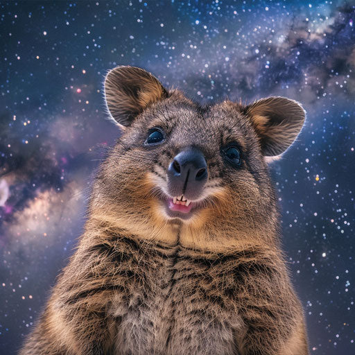Quokka's smiling face with the Milky Way in the background