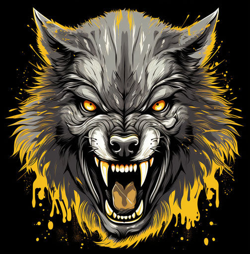Angry wolf head, Robert Williams style, dark silver and yellow