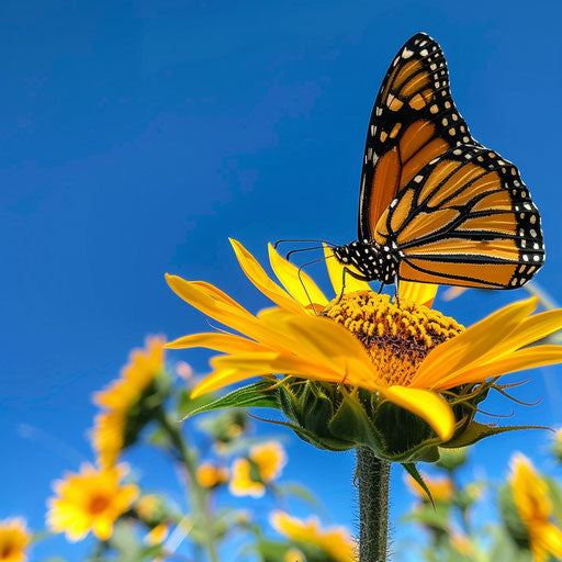 Monarch Butterfly on Yellow Sunflower with Blue Sky