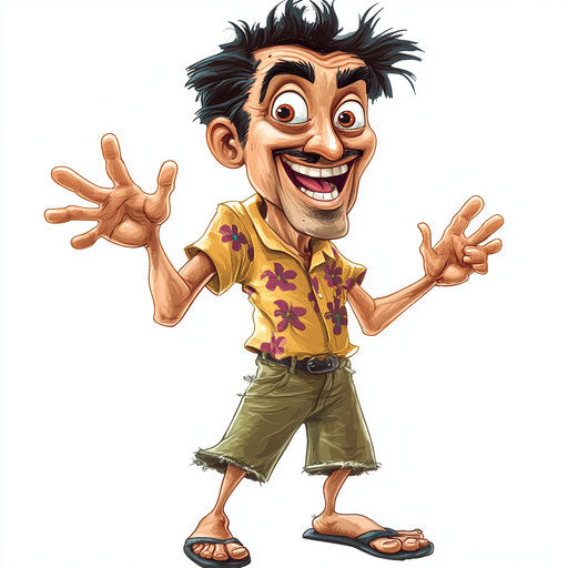 Humorous caricature of a fair caricature clipart with human characteristics, exaggerated raised eyebrows, big feet, detailed textures, vibrant colors, cartoon style, waving, high resolution, no background, isolated