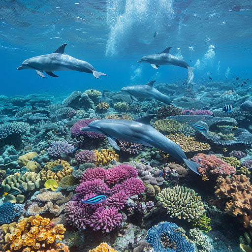 Busy coral reef with dolphins and marine life