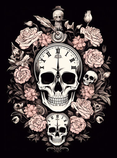 skulls and flowers on a clock vector in intaglio style