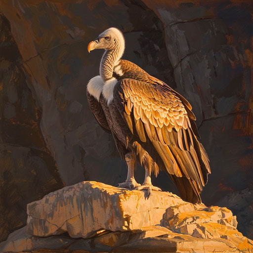 Majestic white-rumped vulture in the golden light of sunset on a rocky outcrop